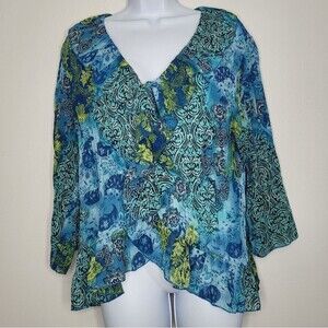 Vintage blue green ruffle boho mermaidcore fairy y2k funky blouse size xl